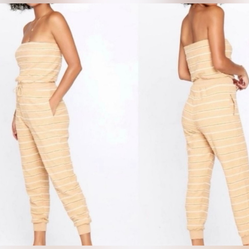 L*Space Beige and White Striped cinched waist Jumpsuit SMALL with pockets - Picture 2 of 8